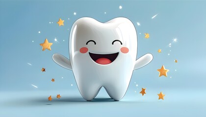 Adorable cartoon character with a bright smile and white teeth set against a starry light blue background in a detailed vector illustration style