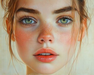 Aufkleber - realistic portrait of a girl featuring a large forehead, detailed facial features