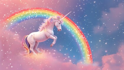 Wall Mural - Whimsical pastel rainbow unicorns amidst a sparkling starry landscape under a dreamy pink fantasy sky with charming holographic and iridescent gradients