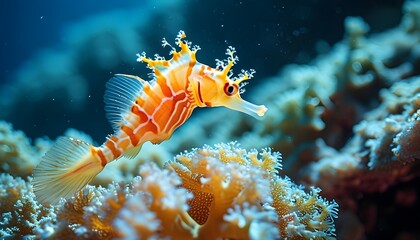 Vibrant close-up of yellow seahorse gracefully swimming near coral and gorgonian in a vibrant underwater world