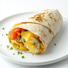 Wall Mural - A tortilla wrap filled with eggs, cheese, and tomatoes. The wrap is open and ready to be eaten