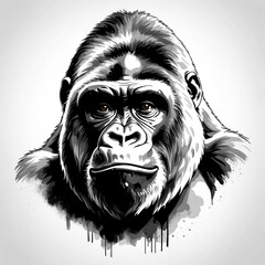 Wall Mural - Gorilla head black and white sketch on plain white background