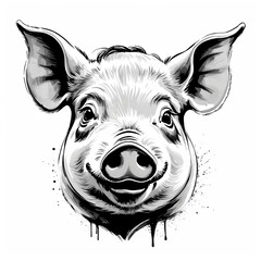 Sticker - Pig head black and white sketch on plain white background