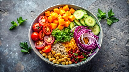 A healthy vegetarian salad in a colorful Buddha bowl on a grey background