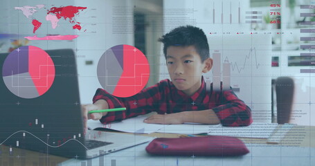 Sticker - Image of financial data processing over asian boy using laptop for homework