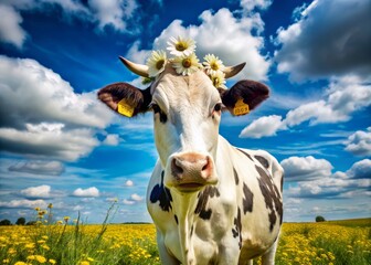 A serene cow adorned with a daisy crown grazes in a meadow of yellow blooms beneath a brilliant blue sky with puffy white clouds.