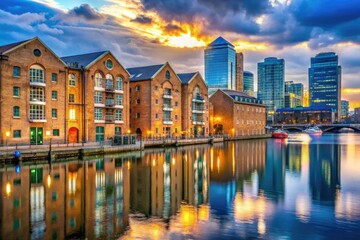 Historic brick warehouses and modern glass towers juxtapose along the River Thames at a bustling London dockland area, vibrant with urban activity and trendy nightlife.