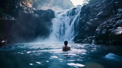 Wall Mural - finding solace and rejuvenation in a stunning waterfall, a young man embraces cold water therapy in 