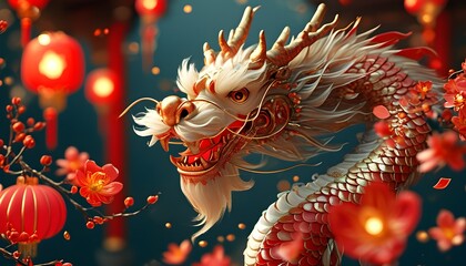 Wall Mural - Vibrant 3D illustration celebrating Chinese New Year 2024 with dragon zodiac sign, red and gold accents, flowers, lanterns, and rich Asian motifs