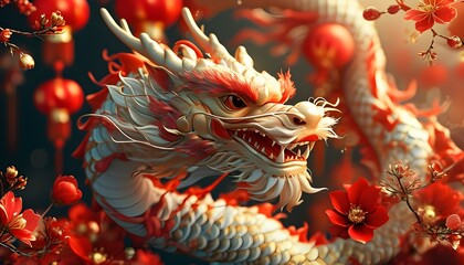 Wall Mural - Vibrant 3D illustration celebrating Chinese New Year 2024 with dragon zodiac sign, red and gold accents, flowers, lanterns, and rich Asian motifs