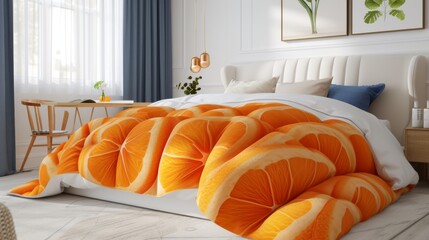 A bright and airy bedroom is adorned with a vibrant orange-themed comforter featuring realistic fruit patterns. The minimalist decor and modern furniture create a refreshing and cheerful ambiance.