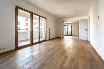 Sticker - Interior of empty spacious living room with white walls and laminated floor with doors leading to balcony