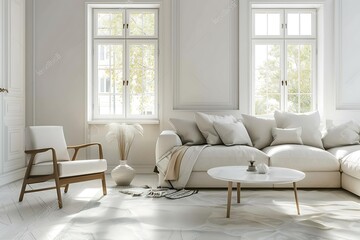 Interior of stylish living room with empty couch and chair by bright window in light apartment with white walls