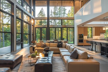 Wall Mural - Living room and kitchen interior in new luxury home with large windows