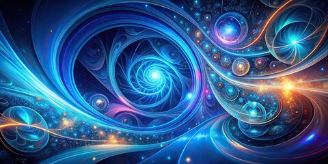 Abstract futuristic starry background with blue glowing swirls and colorful fractal patterns