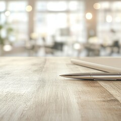 Aufkleber - Modern Light Wood Table in Bright Office with Professional Stationery and Blurred Background