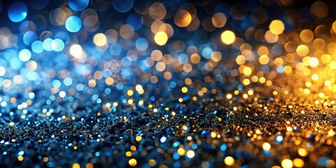 Wall Mural - Abstract glitter lights background in blue, gold, and black from a de focused worm's eye view