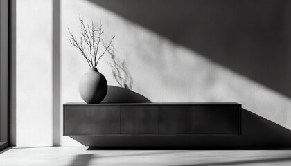 Wall Mural - Minimalist Interior with a Vase of Twigs on a Cabinet