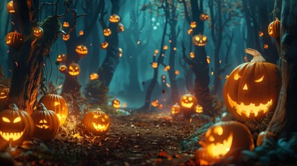 Halloween background with glowing pumpkins and lanterns