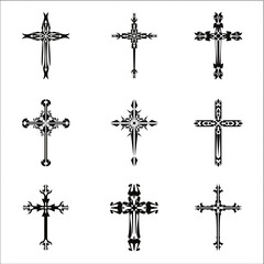 Wall Mural - Christian cross vector icon symbols.  Abstract christian religious belief or faith art illustration for orthodox or catholic design. The symbol of the cross in various designs used in tattoo.