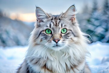 A majestic snow-colored felid with lynx-like markings and Bengal-inspired coloring, sporting piercing green eyes and a fluffy coat blending snowy white and grey.