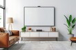 © Sadia Batool - White wall mounted tv on cabinet in living room with leather sofa,minimal design3d rendering