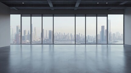 Wall Mural - Front view on empty space with city view from big window and blank glossy concrete floor. 3D rendering, mockup