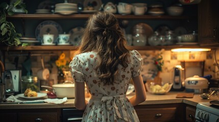 Sticker - A woman in a floral dress stands in a kitchen. AI.