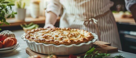 A freshly baked apple pie sits on a wooden cutting board in a kitchen. AI.