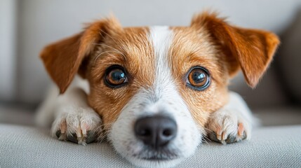 Wall Mural - The cute dog gazed affectionately at the camera with a loyal expression. The studio shooting on a white background showcases high-quality and clear pet images, suitable for animal themed projects.