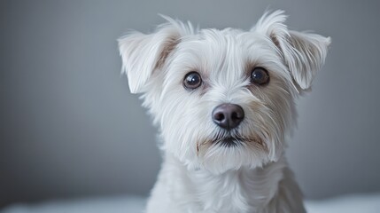 Wall Mural - The cute dog gazed affectionately at the camera with a loyal expression. The studio shooting on a white background showcases high-quality and clear pet images, suitable for animal themed projects.