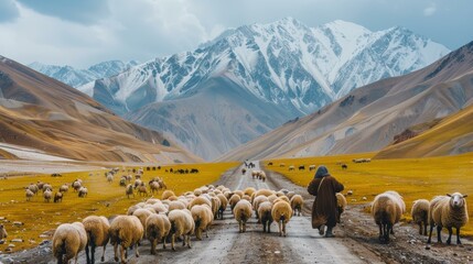 Sticker - A shepherd leads a flock of sheep down a mountain road. AI.