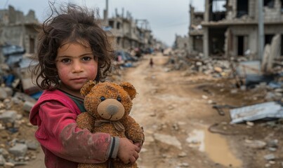 Canvas Print - A young girl holds a toy bear in a war-torn area. AI.