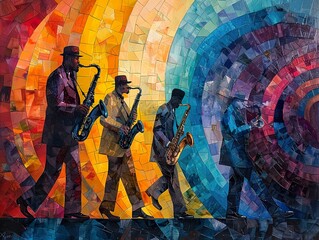 Wall Mural - Four musicians in silhouette playing saxophones, with a colorful mosaic background.