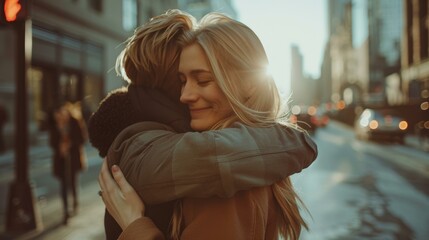 Canvas Print - A couple embraces in the city. AI.