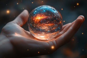 space or galaxy in a transparent glass or plastic ball on a person’s hand. human space exploration. 