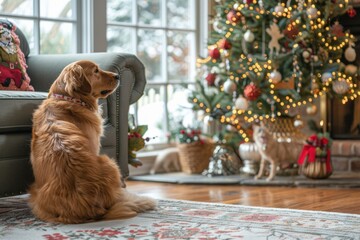 Poster - A dog sitting by a Christmas tree. AI.