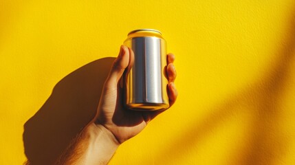 Poster - A hand holds a shiny can against a vibrant yellow wall. This modern image highlights simplicity and bold colors. Ideal for advertising or lifestyle themes. AI