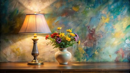 Abstract Painting of Lamp and Flowers on Table