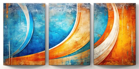 Wall Mural - Abstract paintings featuring smooth curves in blue, orange, and white grunge style