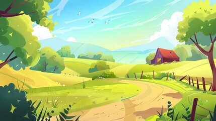 Wall Mural - Landscape countryside nature background with sky, green trees, hill
 and meadow, vector illustration flat design