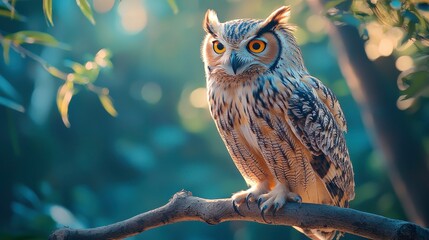 3D owl perched on a branch with a soft pastel background on the right, symbolizing wisdom and mystery in a zoo setting, style of