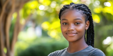 A close-up portrait of a young black woman wearing a casual t-shirt, with a blurred background.