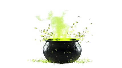 A witch's cauldron with glowing green bubbles and smoke, isolated on white background