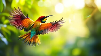 Wall Mural - Wildlife Wonders. A vibrant tropical bird in flight with its colorful feathers in sharp detail against a lush, blurred background of its natural environment.