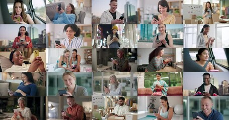 Poster - Collage, people and smartphone with typing, technology and internet for social media. Group, men and women with cellphone, montage and digital app for network, communication and diversity with mobile