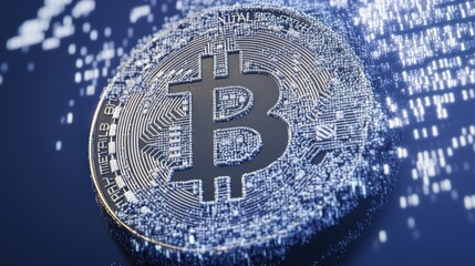 Bitcoin made of pixels dissolving into binary code, cryptocurrency, digital evolution of money