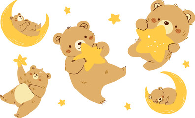 Wall Mural - Set of flat vector illustrations in children's style. Cute bears sleeping on the moon and flying in space. Vector illustration
