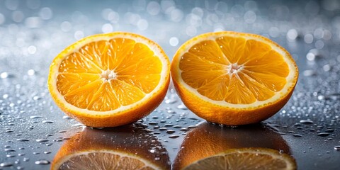 Two slices of orange with water droplets on a table