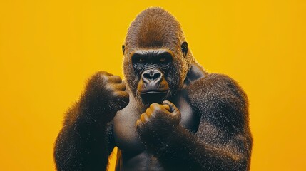 3D gorilla pounding its chest with a soft pastel background on the right, representing strength and dominance in a zoo, style of